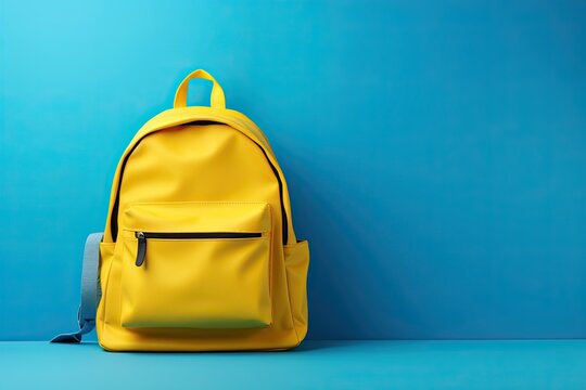 Minimalist yellow backpack mockup on blue background, back to school concept