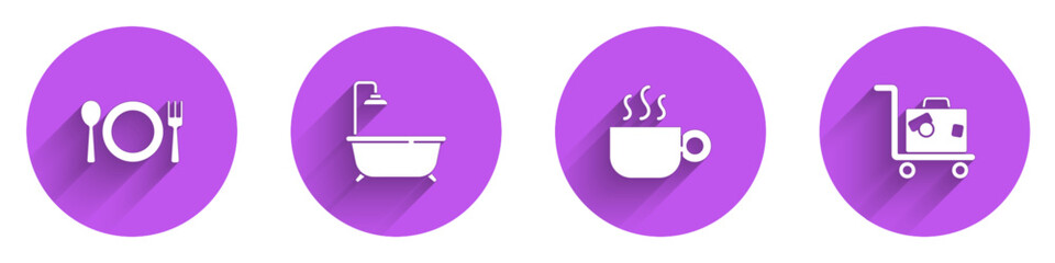 Set Plate, fork and knife, Bathtub with shower, Coffee cup and Suitcase icon with long shadow. Vector