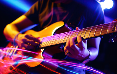 Fototapeta na wymiar Dynamic Guitar Playing with Colorful Strings. Generative Ai