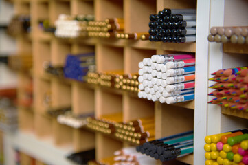 Selective focus on an assortment of graphite pencils in different softness displayed for sale in office supply store