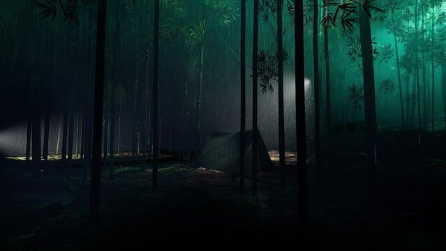 Night Camping in Bamboo Forest Cool Falling Rain