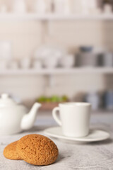 Cup of black coffee with amaretto cookies in the Provence-style kitchen. breakfast, lunch coffee