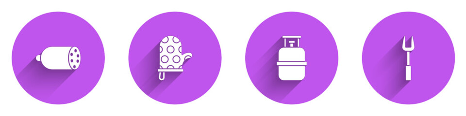 Set Salami sausage, Oven glove, Propane gas tank and Barbecue fork icon with long shadow. Vector