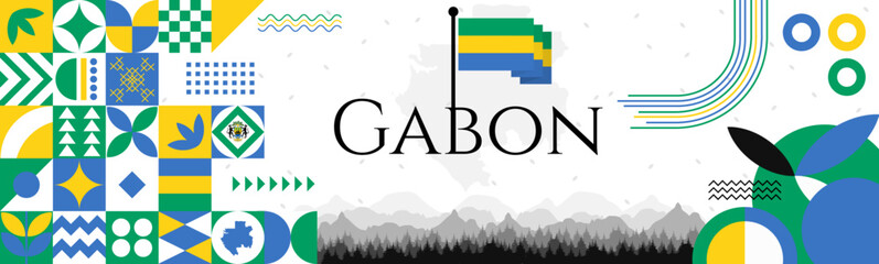 Gabon Independence Day abstract banner design with flag and map. Flag color theme geometric pattern retro modern Illustration design. Green, Yellow and Blue flag color template.