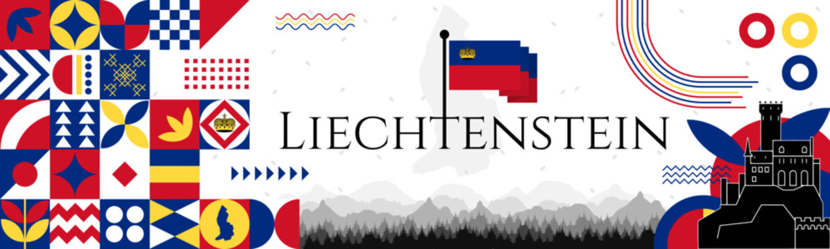 Liechtenstein Independence Day abstract banner design with flag and map. Flag color theme geometric pattern retro modern Illustration design. Blue and red flag color template.