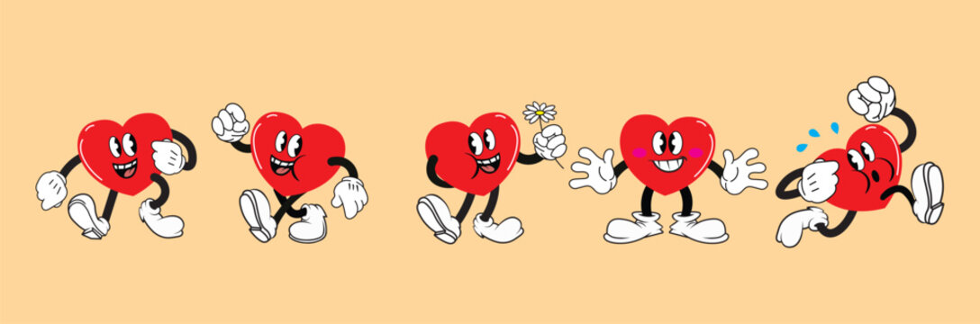 Groovy comic heart mascot set. Funny cartoon character in different poses. Trendy retro 1940s stickers. Flat vector illustration.
