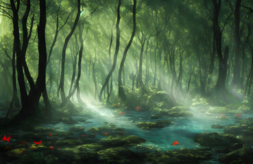 Fototapeta premium Forest in glare of sunlight with red fish, Generative AI Illustration