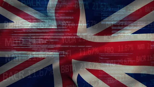 Animation of financial data processing over flag of great britain