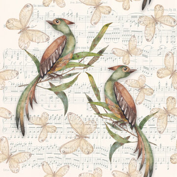 Watercolor vintage seamless pattern with green birds sitting on a branch. There are many butterflies in the background.