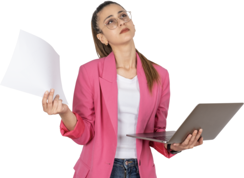 Tired young businesswoman, portrait of exhausted tired young businesswoman. Holding paper, document and laptop. Looking aside. Bored, sad employee or entrepreneur, experiencing anxiety. Transparent.