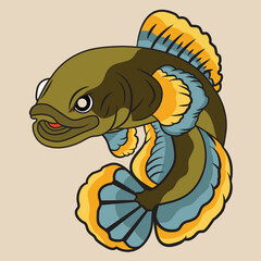Fototapeta premium vector channa fish green grey pulchra snakehead cartoon unique illustration. Predator Fish Channa Auranti Vector