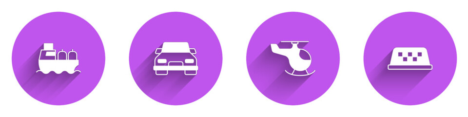 Set Oil tanker ship, Car, Helicopter and Taxi car roof icon with long shadow. Vector © Vadim