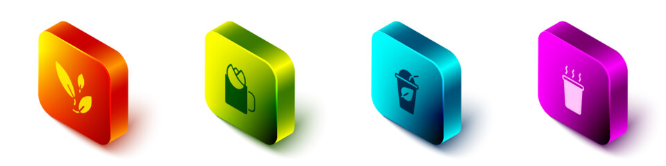 Set Isometric Tea leaf, Cup of tea with rose, and icon. Vector