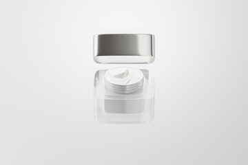 Open luxury cream jar floating in the air mockup, high-end facial skincare product mockup, a glass cube jar packaging filled with facial cream product inside, Cosmetic jar container realistic mockup