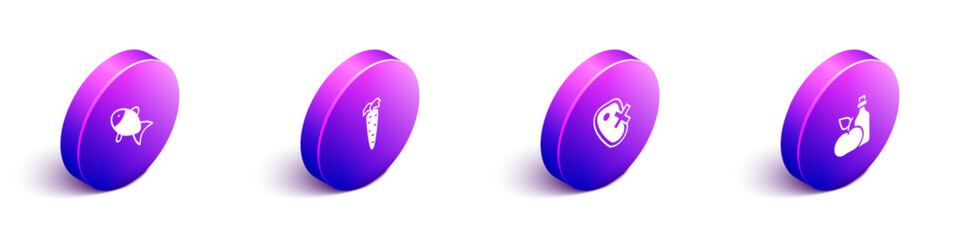 Set Isometric Fish, Carrot, No meat and Apple cider vinegar in bottle icon. Vector