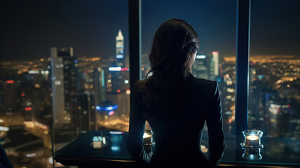The Life of a Successful Businesswoman on the Top Floor Office with Night City View. Generative Ai