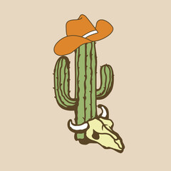 Cowboy hat on Cactus with cow skull vector