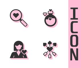 Set Amour with heart and arrow, Search love, Romantic girl and Bottle potion icon. Vector