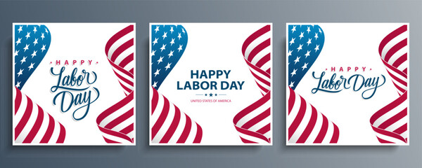 Happy Labor Day Set. United States Labor Day celebration cards with American national waving flag backgrounds. USA national holiday greetings. Vector illustration.