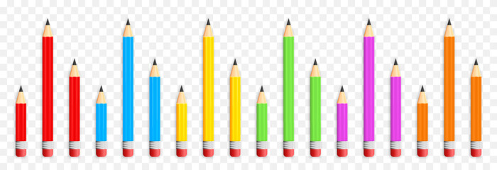 Obraz premium Vector school pencils. School pencils png. A set of colored pencils in different sizes. School supplies png.