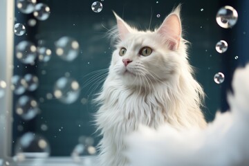 Generative AI Funny kitten sitting in bathroom waiting for grooming. Banner for pet shop, grooming salon. Cat grooming concept. Charming white Maine Coon takes spa treatments, soap bubbles .