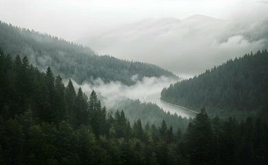 霧がかかる針葉樹の森と山々、神聖な雰囲気、早朝