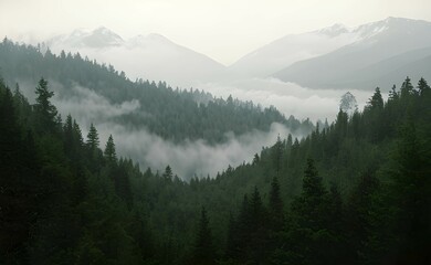 霧がかかる針葉樹の森と山々、神聖な雰囲気、早朝