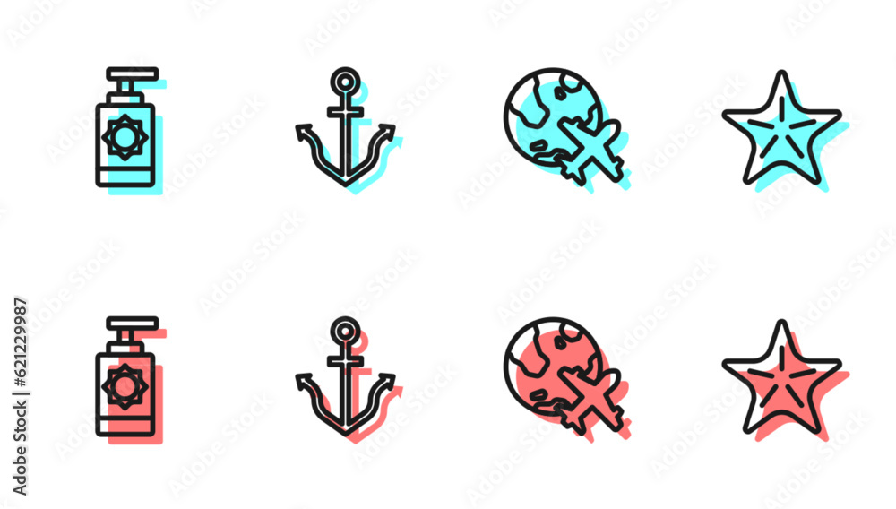 Poster Set line Globe with flying plane, Sunscreen spray bottle, Anchor and Starfish icon. Vector