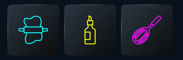 Set line Rolling pin on dough, Kitchen whisk and Bottle of olive oil. Black square button. Vector
