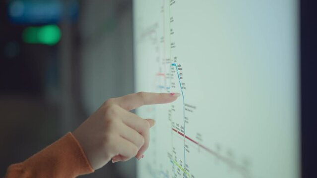 Finger of woman pointing on the Bangkok railway map .Find the route of railway in Bangkok main station