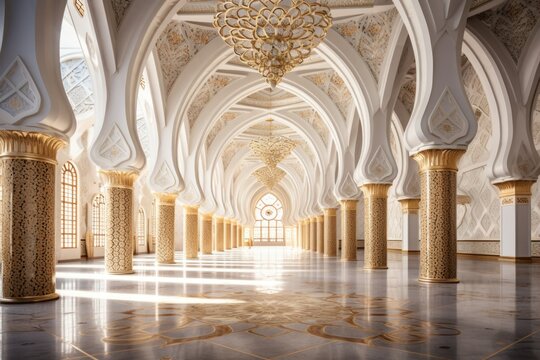 beautiful hall interior of traditional arabic building mosque with columns inspired by heroic fantasy with an epic light, painting style reworked and enhanced ai generated architecture mockup