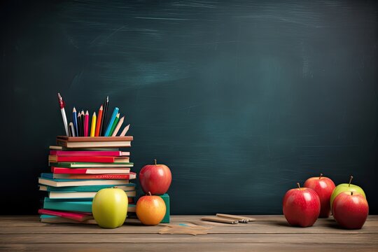 wallpaper, blackboard background, with desk, above desk colored pencils and some healthy red apples, back to school concept