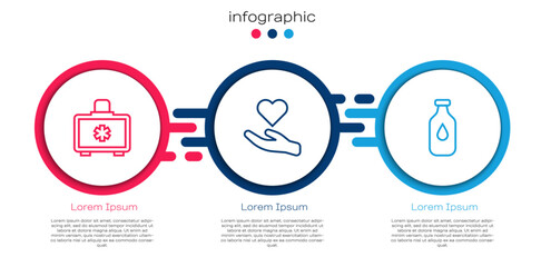 Set line First aid kit, Heart in hand and Bottle of water. Business infographic template. Vector