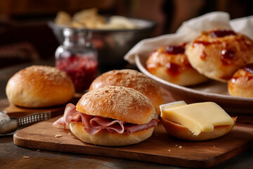 Breakfast of Ham and cheese sandwiches