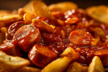 Currywurst with fries close up