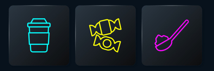 Set line Cup of tea, Spoon with sugar and Candy. Black square button. Vector