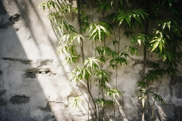 Plants on a white wall hit by sunlight