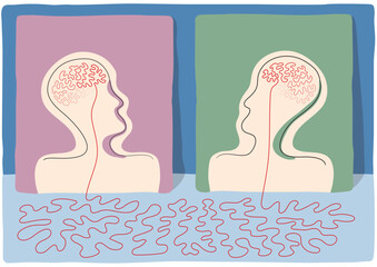 Surreal drawing of profile heads with wire in shape of brain, tied with thread, vector illustration