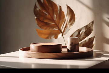 Minimal Wooden Tray on a Table with Sunlight