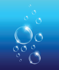 Realistic white water bubbles with reflection on blue background. Vector illustration
