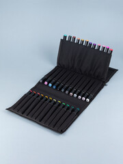  A set of professional markers in a black  case on a light background. Markers for sketching are many colors.