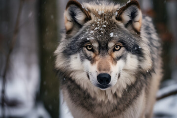 a grey wolf stands in the snow  - obrazy, fototapety, plakaty