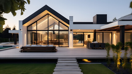 View of luxurious modern house exterior with dining space and garden