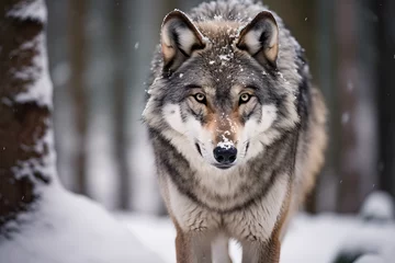 Tuinposter a grey wolf stands in the snow  © wiizii