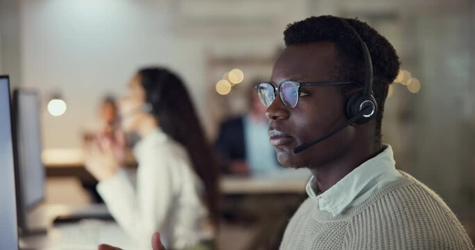 Contact center agent, lead generation and black man consulting with advice, sales or help desk worker. Phone call, telecom office and customer support consultant in negotiation for online service.