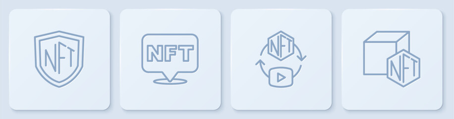 Set line NFT shield, Digital crypto art, and . White square button. Vector - obrazy, fototapety, plakaty