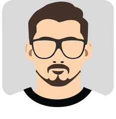 Flat vector illustration of a young male wearing clear glasses with fancy facial hair
