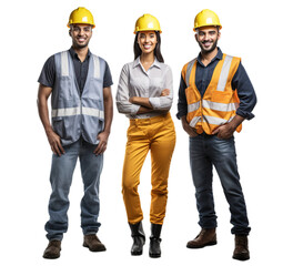 Multi Ethnic Group of young construction workers team of construction workers happy smile standing success together idea concept, isolated on transparent background. Oil, Gas, Biofuel, Generative AI - obrazy, fototapety, plakaty