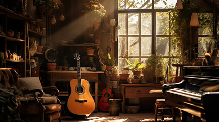 Naklejka premium Musician's Hideaway. Creating Melodies in a Personal Sanctuary. Generative Ai
