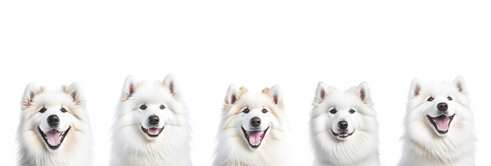 Collage close-up portrait group of young cute white happy smiling Samoyed dog head on white background banner. AI generated